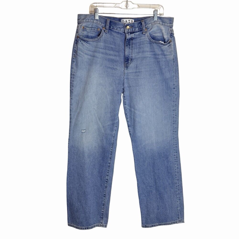 Daze Organic Cotton Distressed Jeans Women's Size 32 Light Wash Straight Leg